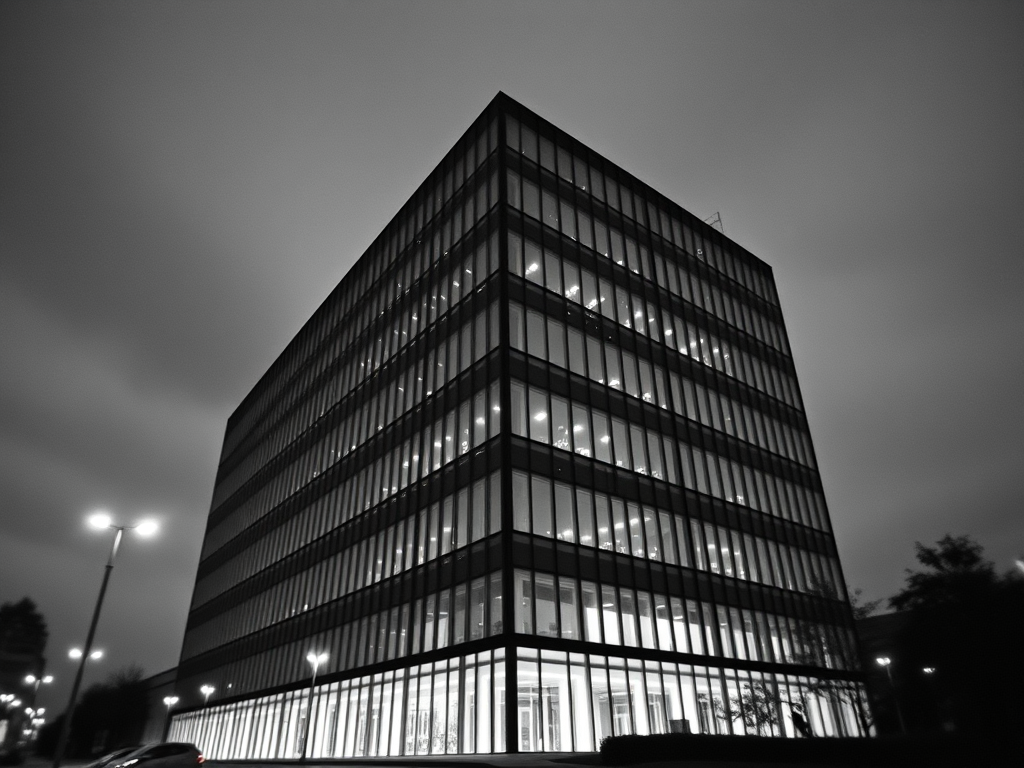 black and white photo of a corporate building with no logo and no people in it