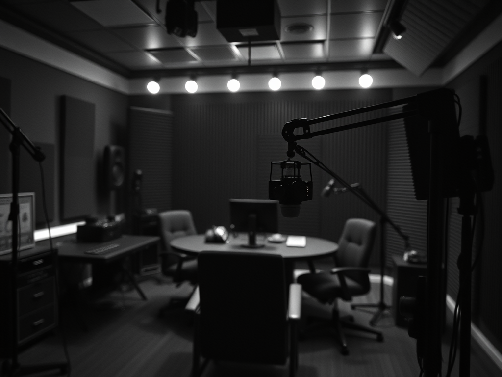 black and white photo of a podcast studio with no people in it
